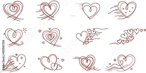 Hand drawn dynamic heart doodle collection with motion lines and romantic love symbols, decorative Valentine elements set for greeting cards, wedding invitations, stickers, social media, and romantic 