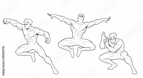 Set of 3 Male Superhero Poses Line Art Illustration