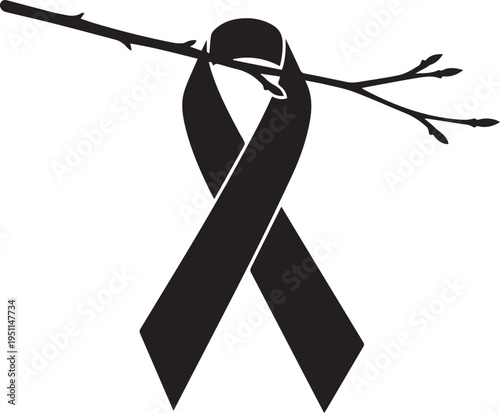Black awareness ribbon tied to bare branch vector silhouette illustration, support line art