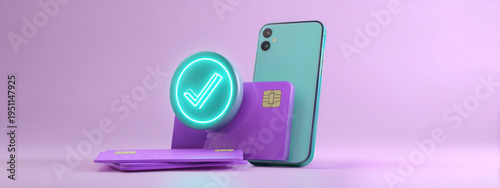 Contactless mobile payment concept with smartphone, credit cards and glowing check mark. Digital finance, secure transaction, fintech technology and approval symbol. banner