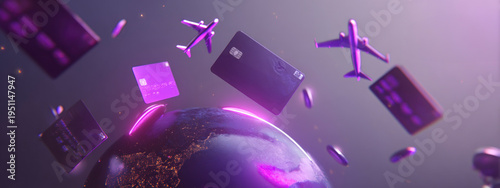 Global travel payments with credit cards and airplanes around Earth. International finance, tourism spending, digital transactions. banner