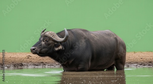 Majestic African Warthog Standing in Water with Green Background