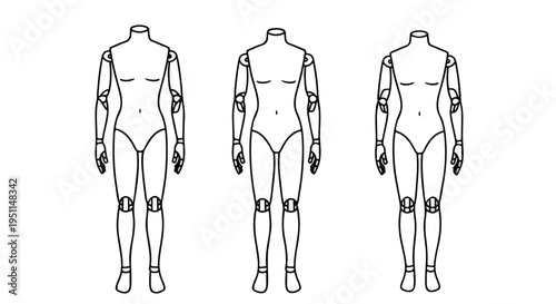 Female mannequin body technical drawing, articulated fashion doll croquis set, anatomical female torso vector illustration for garment design