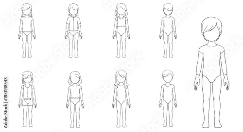 Minimalist child fashion croquis set, 9 female kid body templates for apparel design, line art girl mannequin silhouettes in EPS format