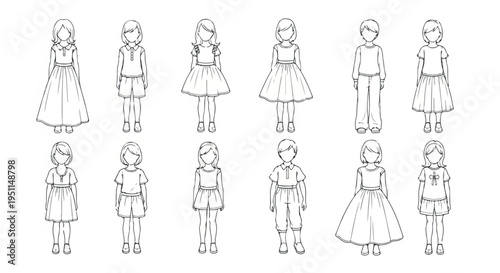 Children fashion sketches collection, 12 kids clothing line art icons in EPS format, hand drawn little girl and boy outfits for coloring book