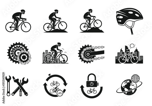 Set of 12 Cycling and Bicycle Repair Vector Icons: Cyclists, Helmet, Gears, Tools, Cityscape, and Global Bike Sharing Concepts in Black and White