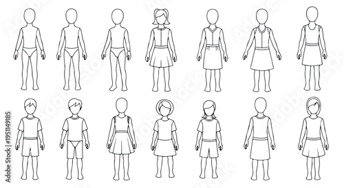 Set of 16 Children Body Outline Vector Icons