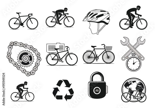 Set of 12 Cycling and Bicycle Vector Icons for Sports, Transportation, and Eco-Friendly Lifestyle Designs, Featuring Bikes, Riders, Helmet, Chain, Lock, and Repair Tools in Black and White