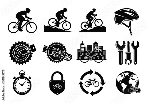 Set of 12 Black Silhouette Cycling and Bicycle Repair Vector Icons for Sports, Outdoor Activities, and Bike Maintenance Graphics
