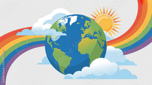 Illustration of planet Earth with a rainbow and sun symbolizing global climate and environmental concepts perfect for educational or ecological themes
