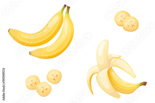 Set of vector images of whole, peeled banana and its slices
