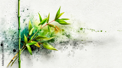 A vibrant bamboo plant with green leaves against a textured white background. The scene features splashes of green and black paint, creating an artistic effect.