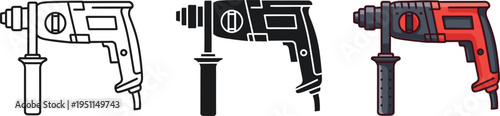 Detailed vector illustrations of rotary hammer drills in various colors on white background