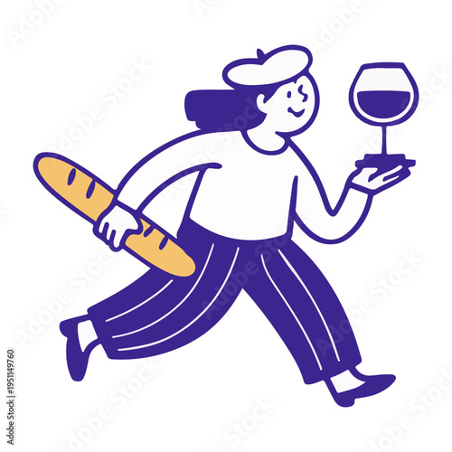 Vector naive graphic illustration, cartoon baker mascot with baguette and wine, for cafe branding, advertising, posters and banners, playful character design