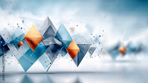 Abstract geometric background with blue and orange shapes. The design features sharp angles and a modern aesthetic, creating a dynamic visual effect.