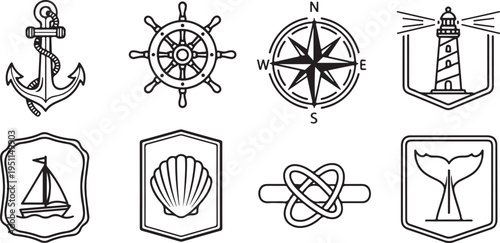 Eight nautical-themed illustrations showcasing maritime symbols and emblems Vector