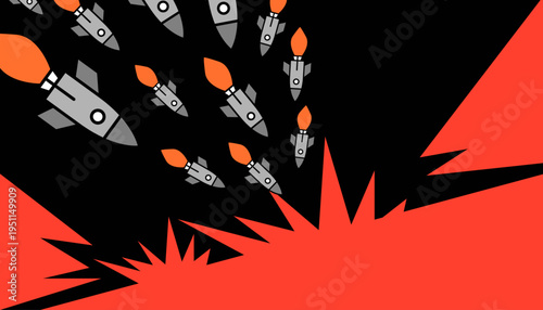 A barrage of stylized cartoon rockets with orange flames flying downwards towards a vibrant red explosion.