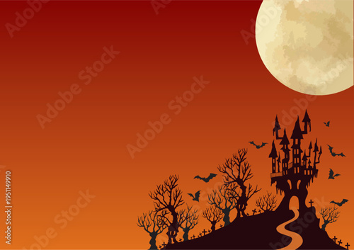 ハロウィン、イベント、１０月、秋、パーティ、城、コウモリ、満月、夜、影、ジャックオーランタン、シルエット、満月、月、夜、おばけ、木、不気味、水彩、かぼちゃ、アイコン、背景、アブストラクト、バックグラウンド