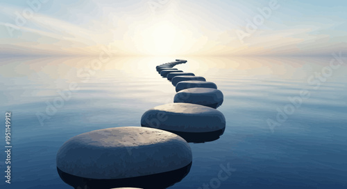 Stepping Stones Path Across Calm Water Towards Bright Sun