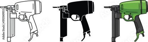 Detailed vector illustration of a nail gun in three styles on white background