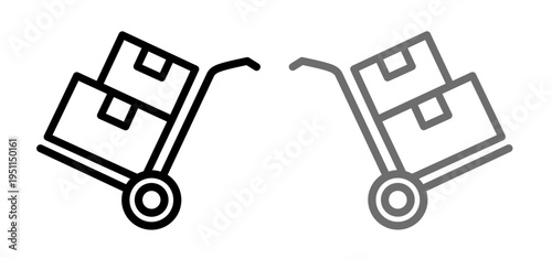 Hand truck icon with cargo boxes in two colors black and grey minimalist outline vector for logistics and delivery. Vector illustration of hand truck icon set