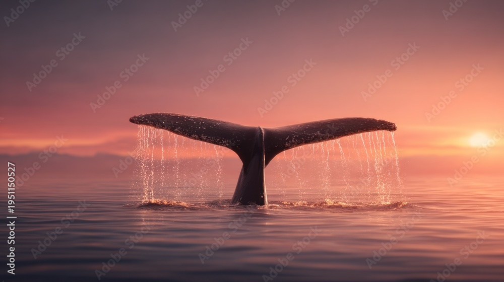 Fototapeta premium Whale tail emerging from ocean water at sunset with cascading droplets and colorful sky