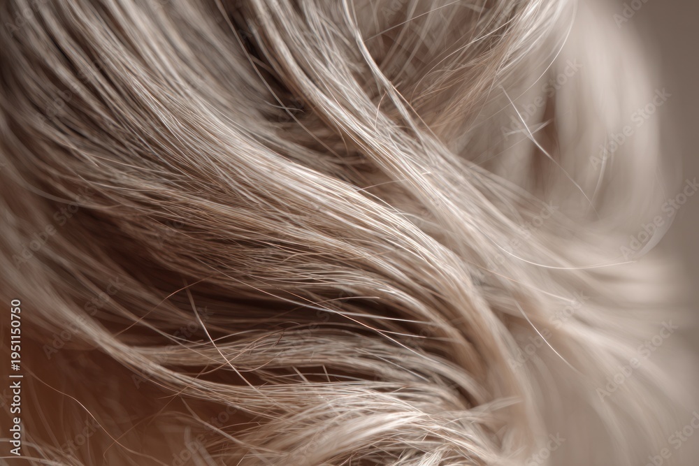 Naklejka premium Close-up of wavy blonde hair strands with soft lighting and natural texture details
