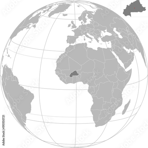 World vector map with country boundaries and graticules (Burkina Faso centered view, orthographic projection, PPT-compatible & fully editable)