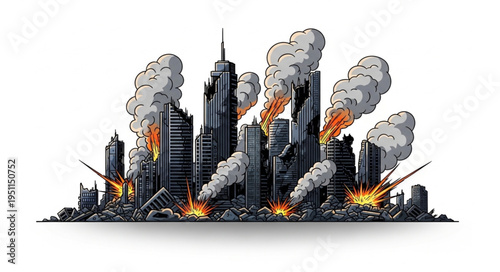 City Skyline on Fire Burning.