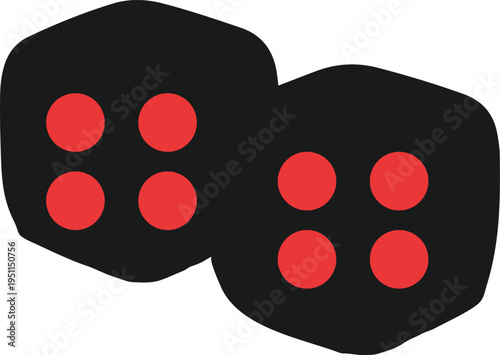 Two black dice displaying a total of eight red pips each Art & Illustration