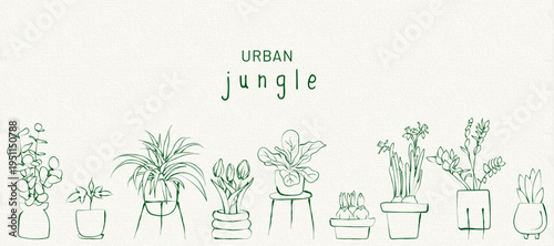 Hand-drawn urban jungle banner with indoor plants in pots. Minimal line art botanical composition with “Urban Jungle” lettering, perfect for home decor, eco lifestyle and plant lover designs.