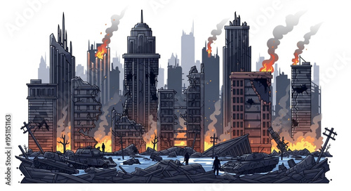 City Skyline on Fire Burning.