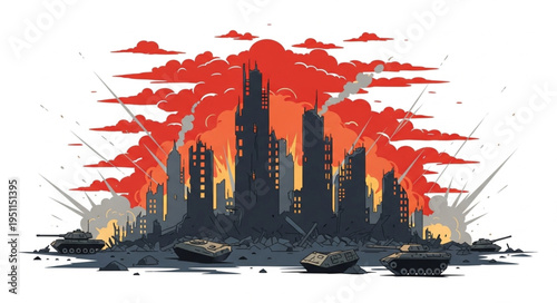 City Skyline on Fire Burning.