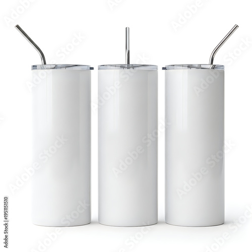 Three white tumblers with metal straws on a white background