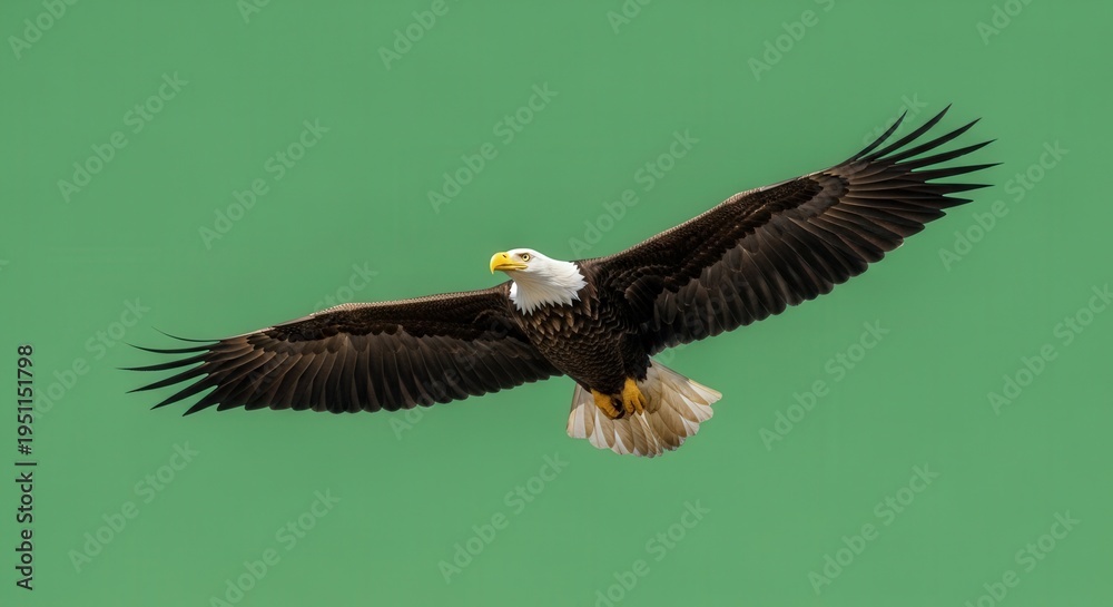 Obraz premium Majestic Bald Eagle in Flight Against a Clear Green Sky