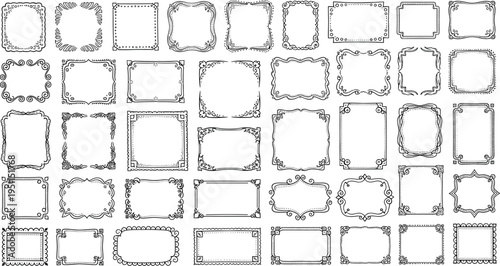 Decorative frame illustration collection, ornamental border designs with swirls, scallops, dots, curls, floral motifs vector artwork