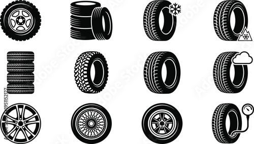 Tire and wheel icons collection featuring tread patterns, seasonal indicators, snowflake symbols, rim designs, vector illustration black and white