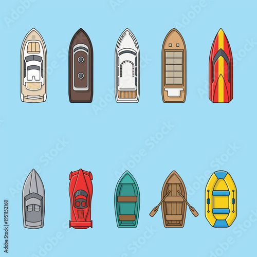 Top view boat collection featuring yacht, houseboat, fishing, pontoon, speedboat, jet ski, rowboat, raft, vector illustration design