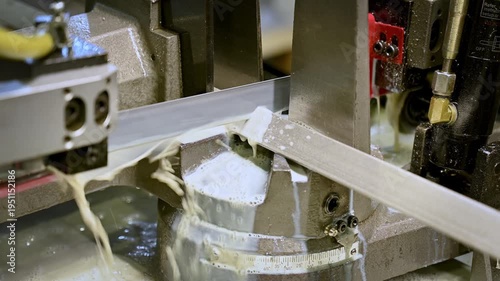 Close-up of band saw for precise cutting of hard metals.