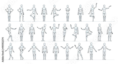 Set of 30 Human Figure Mannequin Poses Outline Vector