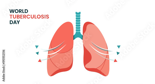 Illustration of human lungs and trachea with infographic elements for World Tuberculosis Day awareness campaign on a white background