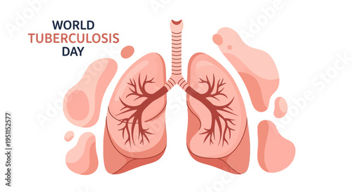 Vector illustration of human lungs with bronchi and trachea for World Tuberculosis Day awareness campaign with pink and red tones on a white background
