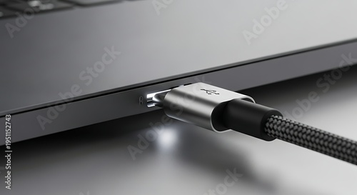 A close up view of a modern metallic usb type c cable being plugged into a sleek dark grey laptop