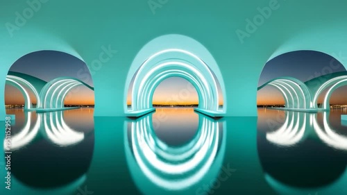 Arched teal structure with light panels reflects in still water, sunset visible through openings