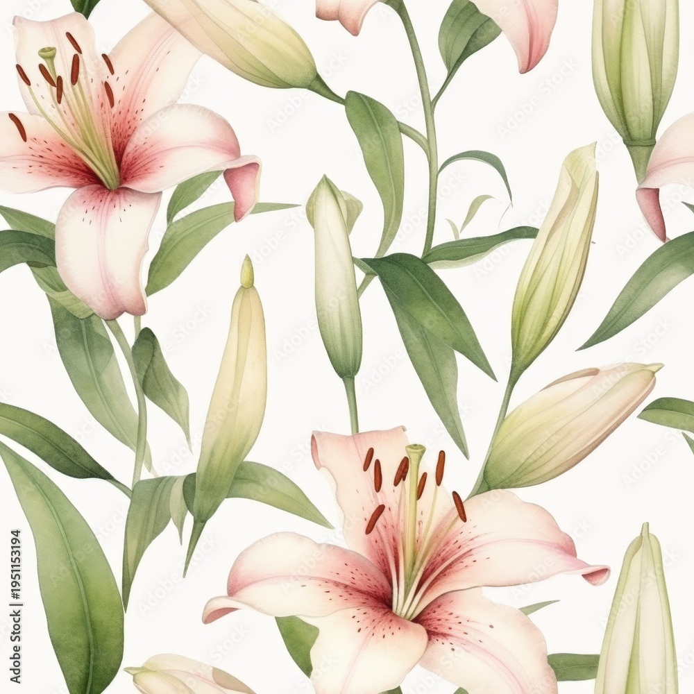 Obraz premium Motif sans couture de lys roses élégants avec des boutons et des feuilles vertes sur un fond blanc, idéal pour le textile et le papier peint.