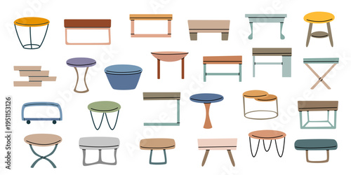 Collection of different coffee tables isolated on white background. Vector flat furniture cliparts. Concepts of home, interiors.