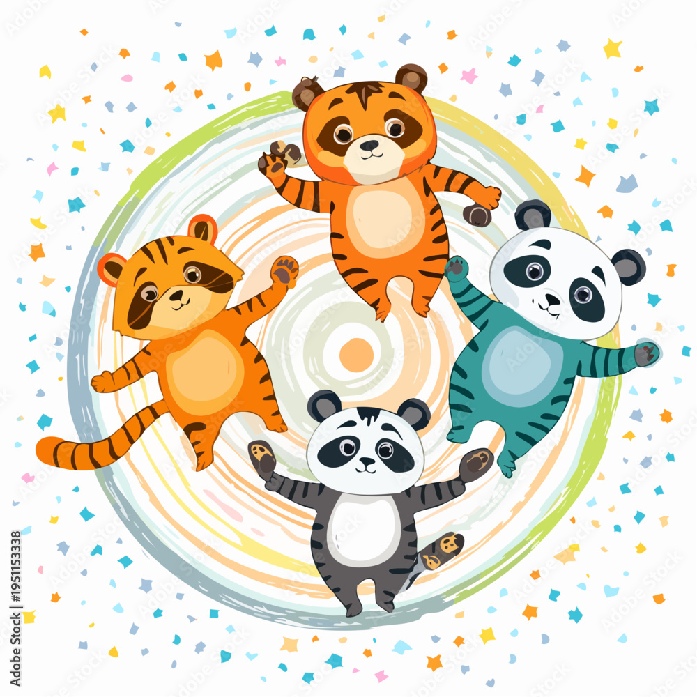 Obraz premium Cute cartoon tigers and pandas dancing in a circle with confetti