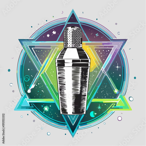 Cosmic Mixology Hand-Drawn Shaker within a Star-Shaped Galactic Universe Design