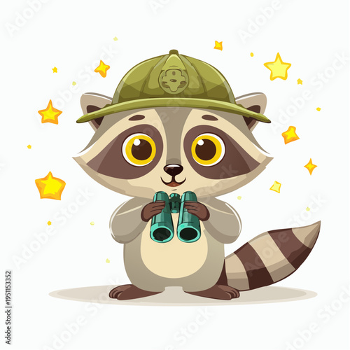Cute cartoon raccoon explorer with binoculars and stars, ready for an adventure