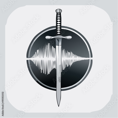 Stylized emblem featuring a formidable sword intersecting a vibrant sound wave, embodying the strength of voice and audio influence